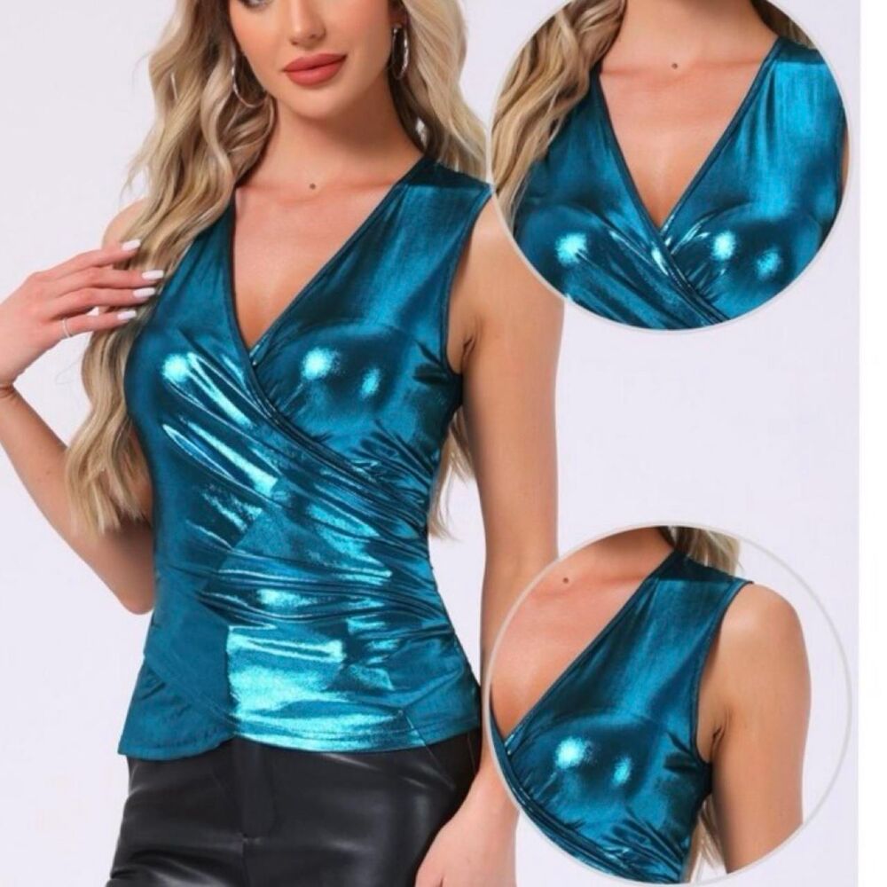 Allegra K Metallic Blue Wrap Top Women’s XL Sleeveless V-Neck NWT